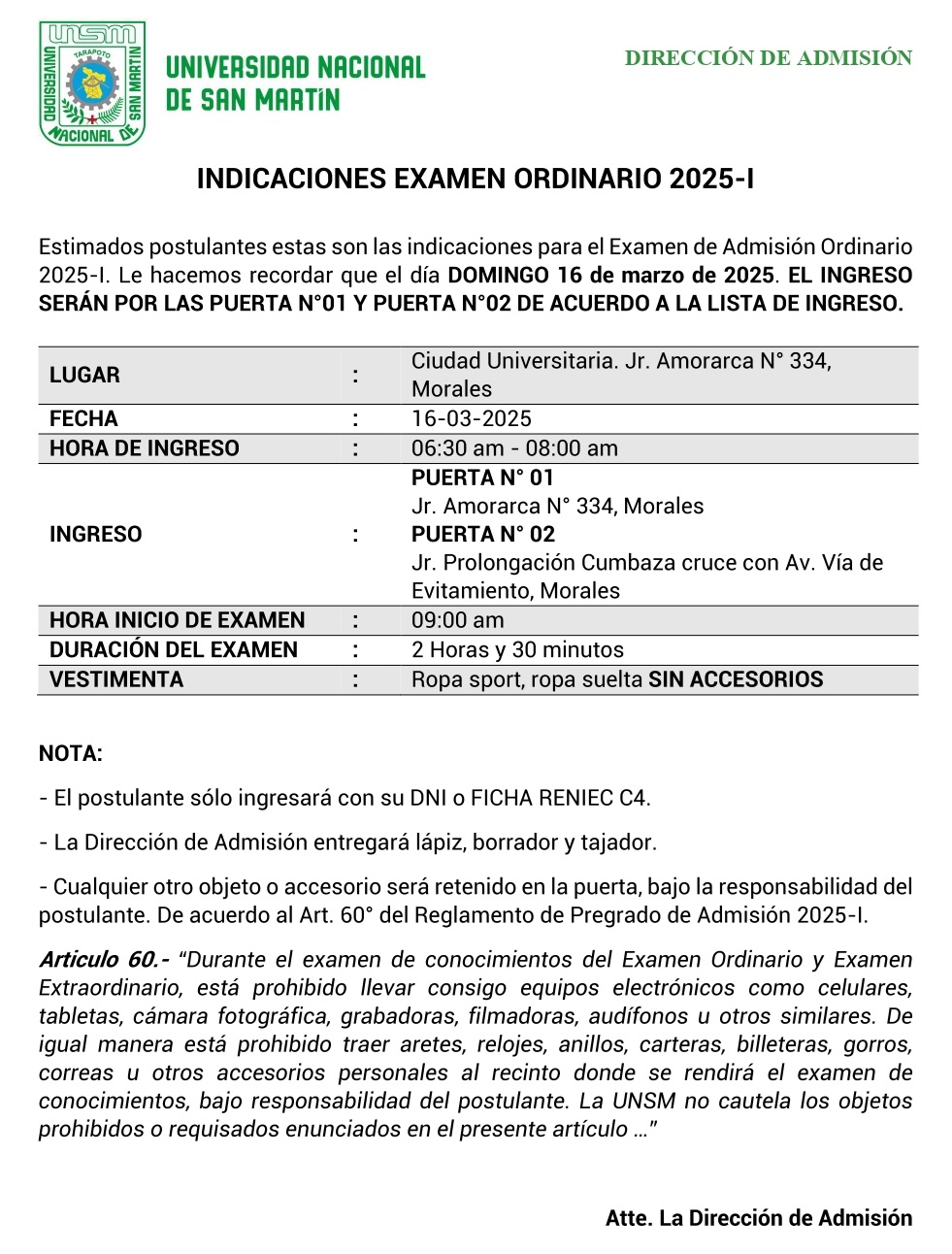 Comunicado ingreso Admisión 2025-I